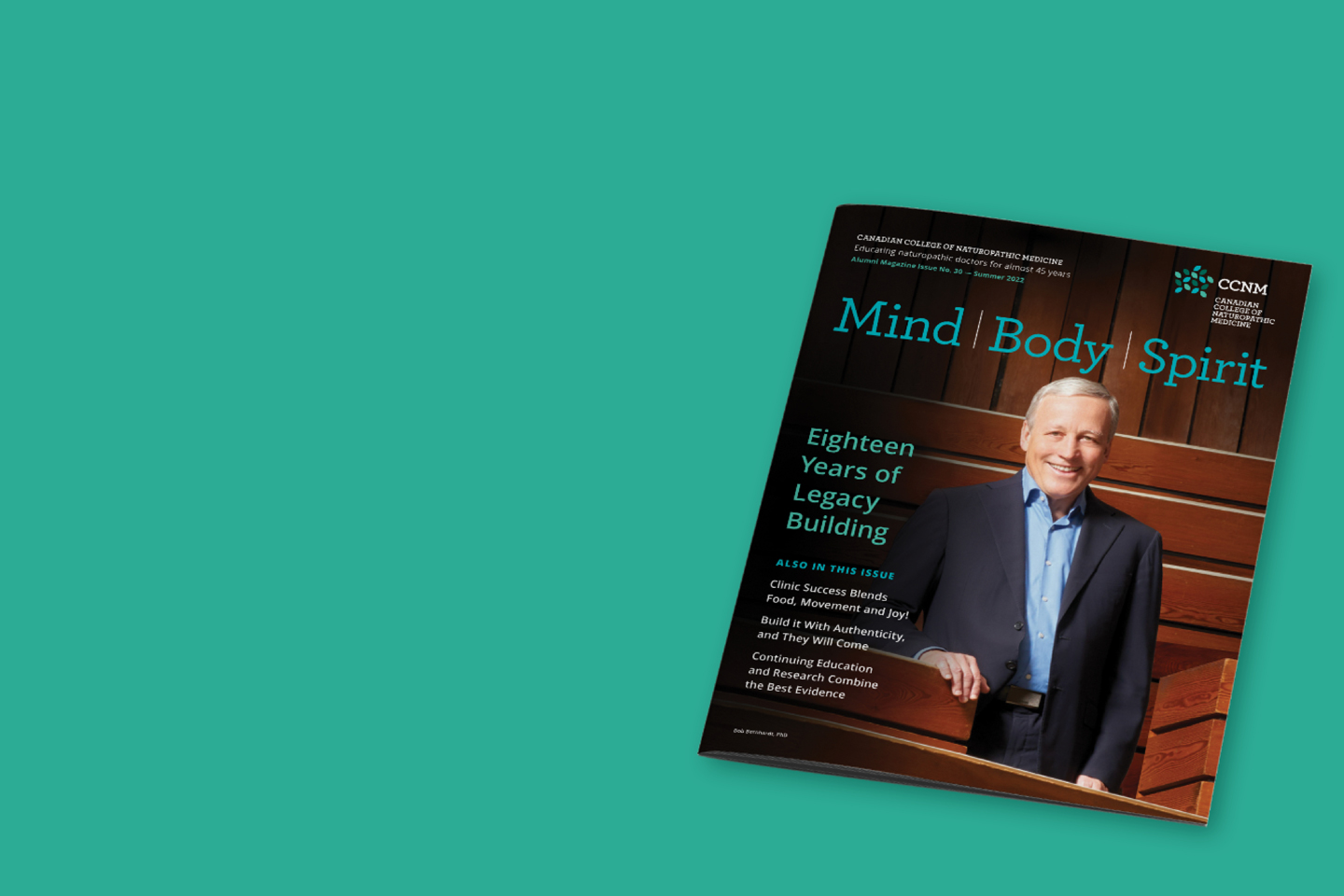picture of the cover and inside of CCNM's alumni magazine Mind Body Spirit